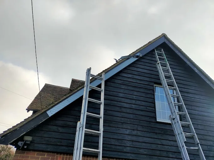 Ladders up to a timber-clad gable for verge and fascia work